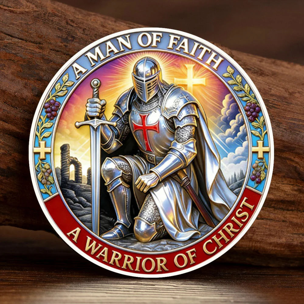 A commemorative coin featuring a man of faith warrior design with a sword and cross on a circular background.
