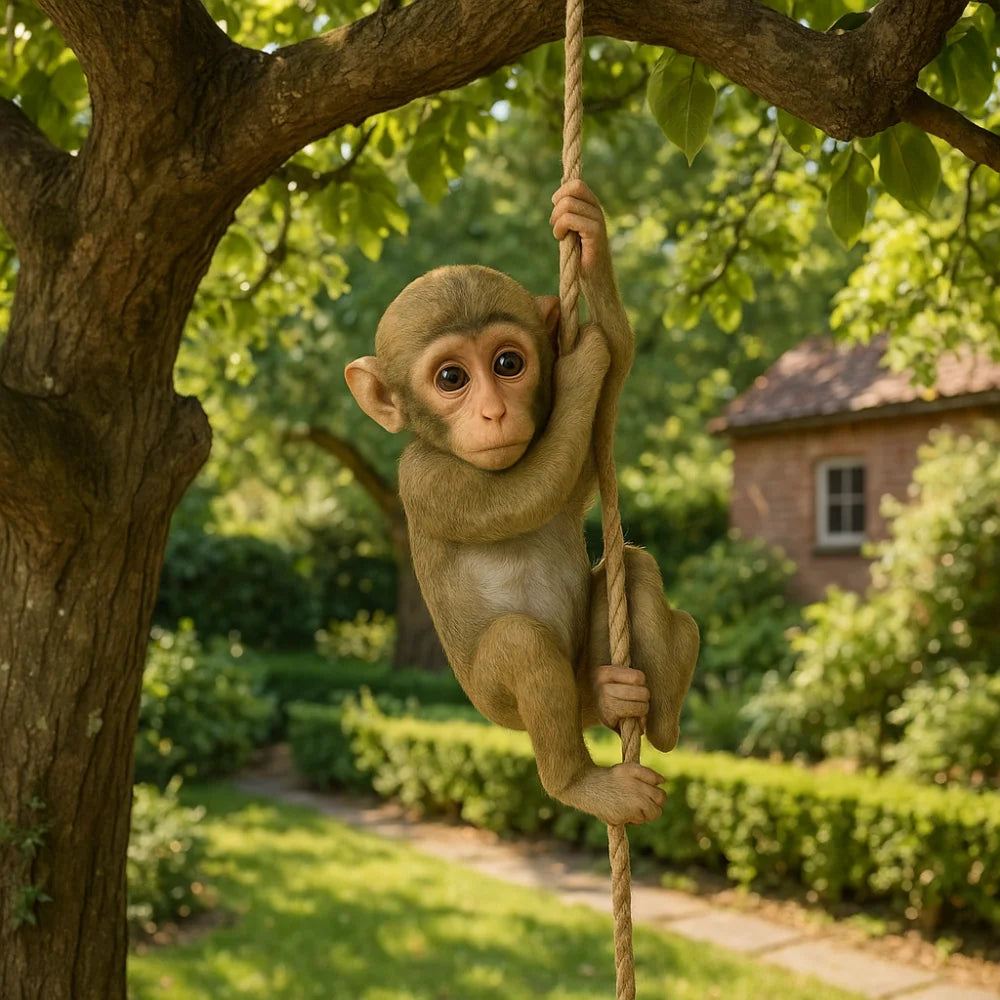 A small monkey figurine made of resin is hanging from a tree branch in a garden setting.