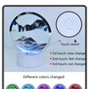 Operation guide for a 3D Quicksand LED table lamp showing different colors like green, blue, purple, dark blue, and red.