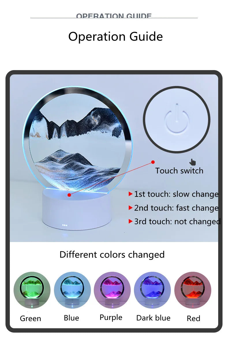 Operation guide for a 3D Quicksand LED table lamp showing different colors like green, blue, purple, dark blue, and red.