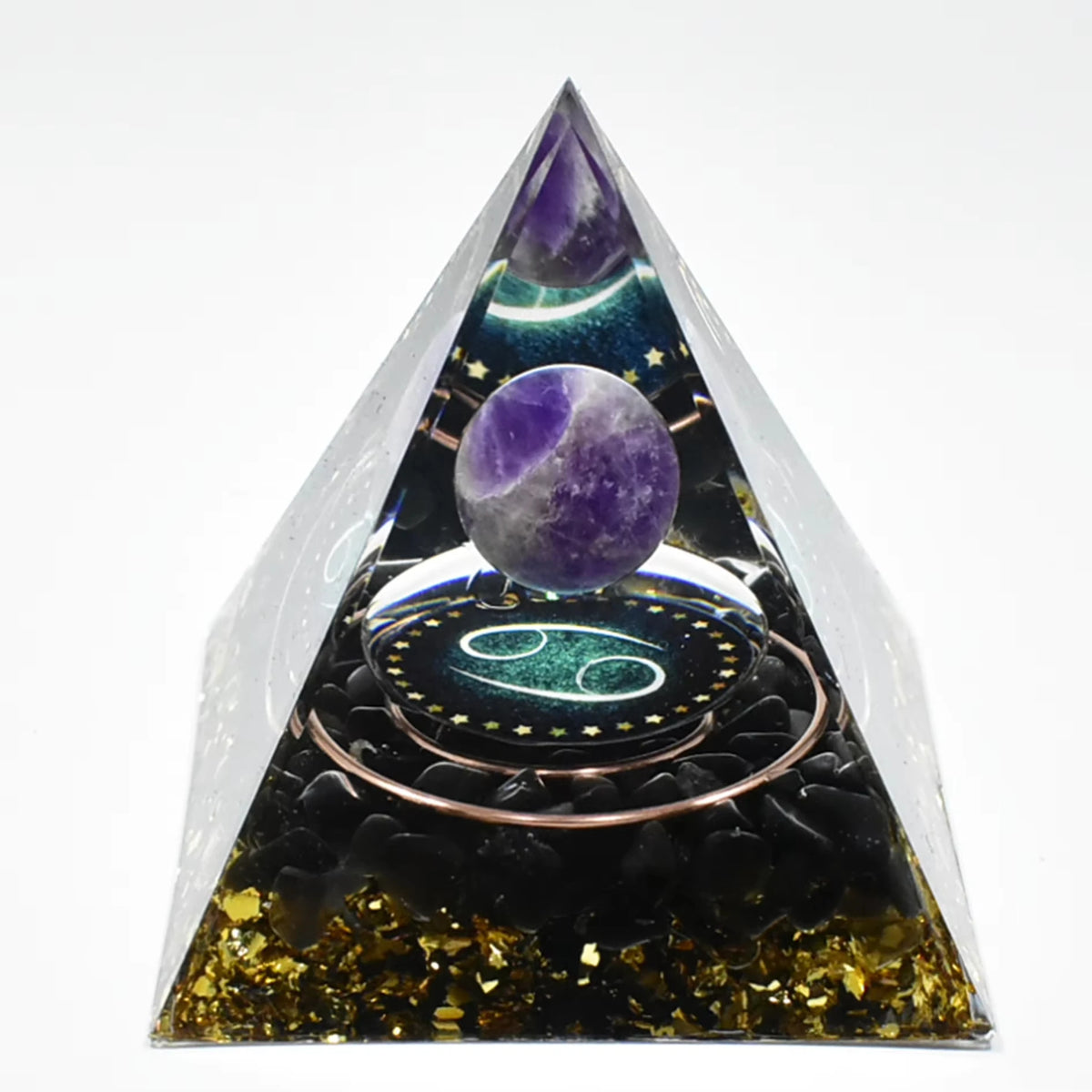 Handmade resin orgonite pyramid with natural obsidian and copper coil set in clear glass