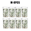 Eight transparent acrylic money saving jars filled with US dollar bills and coins.