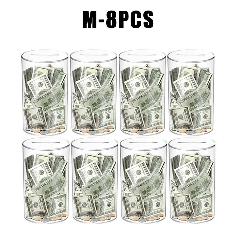 Eight transparent acrylic money saving jars filled with US dollar bills and coins.