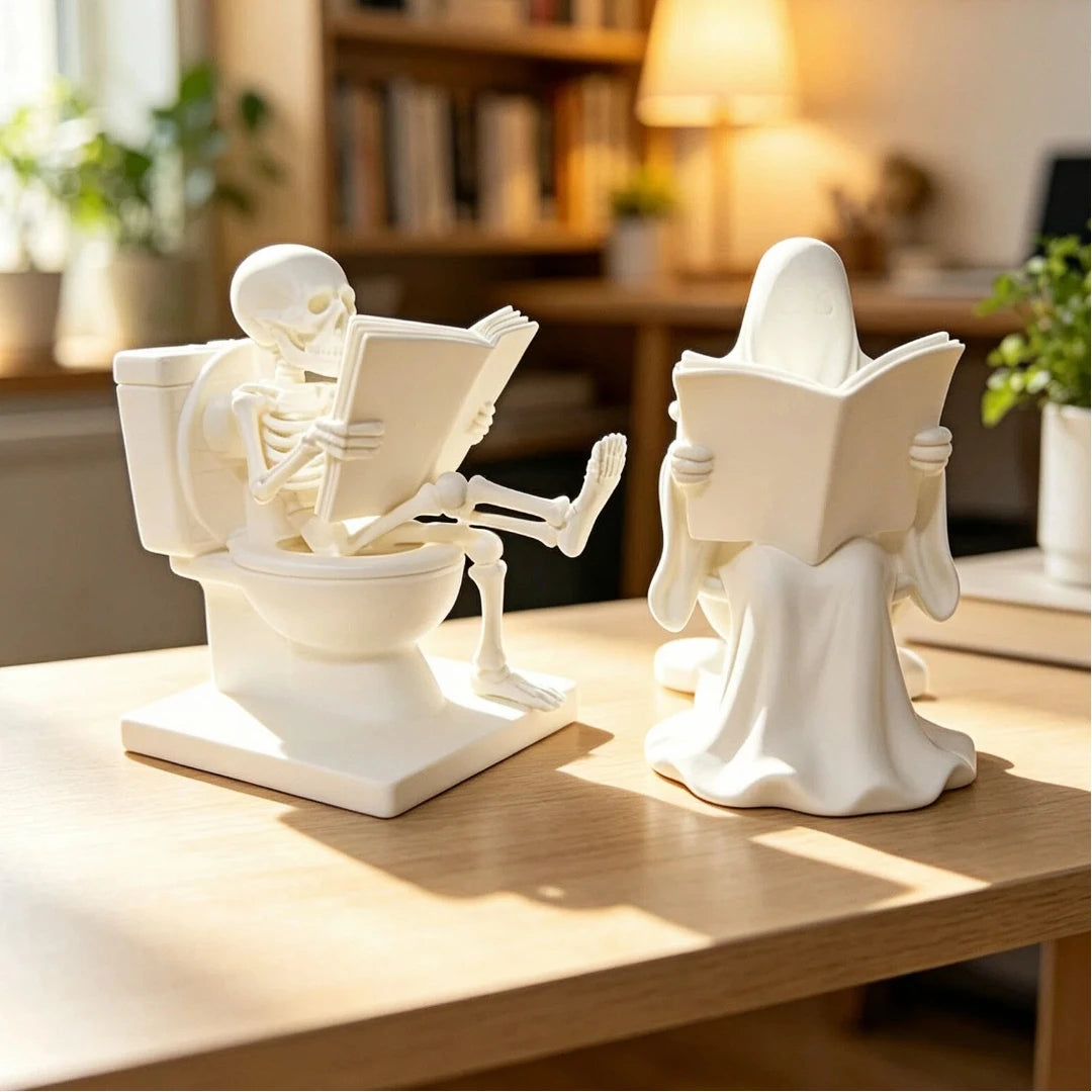A white statue depicting a skeleton ghost reading a book on a toilet bowl.
