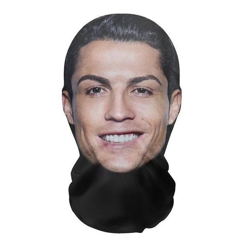 A realistic 3D printed celebrity cosplay mask of a male face with dark hair and a beard.