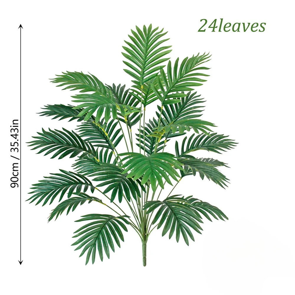 A lush green artificial areca palm tree with 24 leaves, measuring 90cm / 35.43in.
