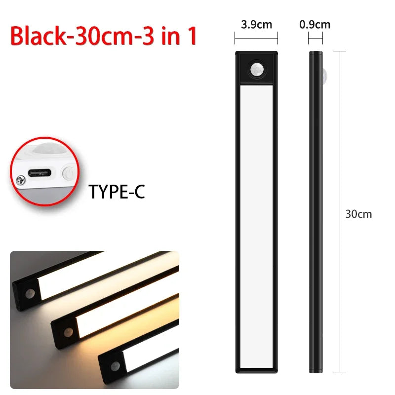 Black 3-in-1 under cabinet light with a motion sensor and Type-C charging port.