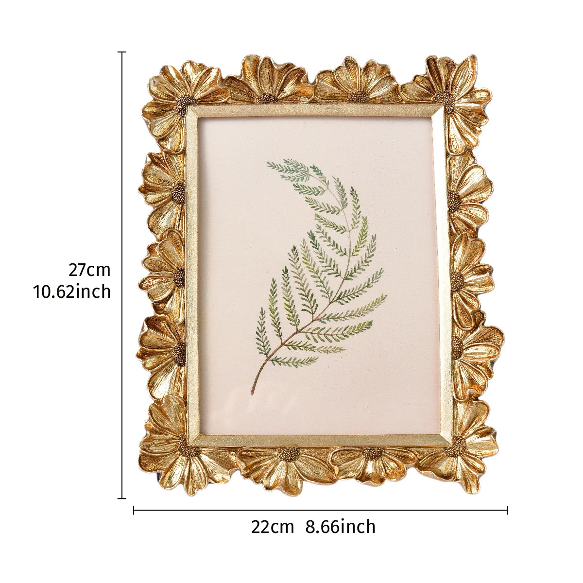 A golden 3D resin photo frame with a floral border and a light pink mat, featuring a green fern design.