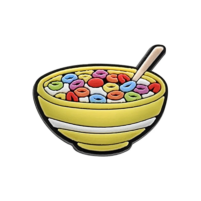 A colorful bowl of cereal with a spoon, designed as a Mexico style PVC shoe charm.