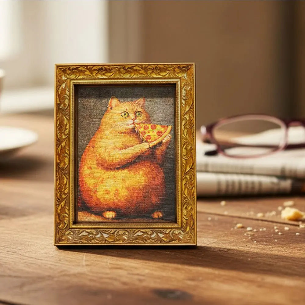 A framed painting of an orange cat eating pizza, displayed on a wooden surface.