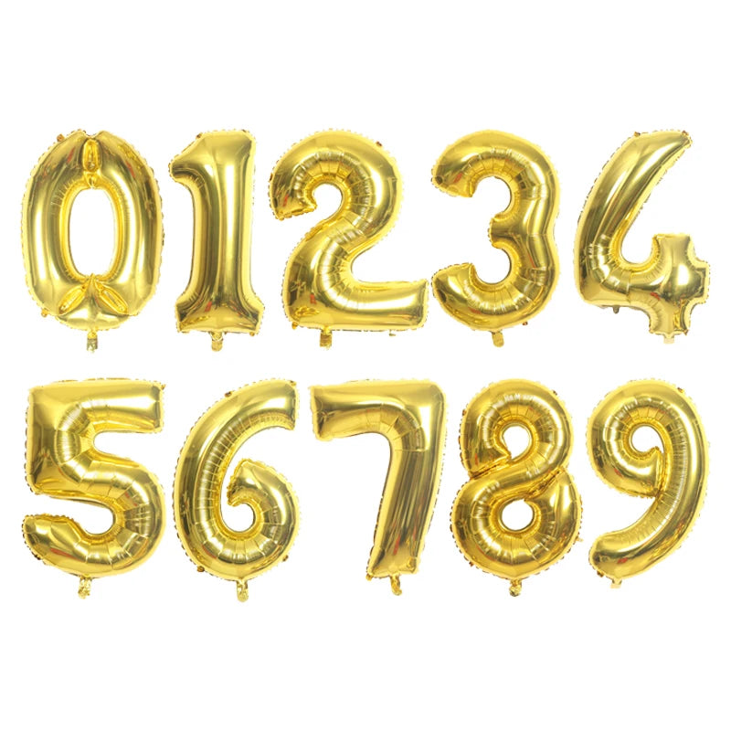 A set of rose gold and silver gradient foil balloons forming the numbers 0123456789