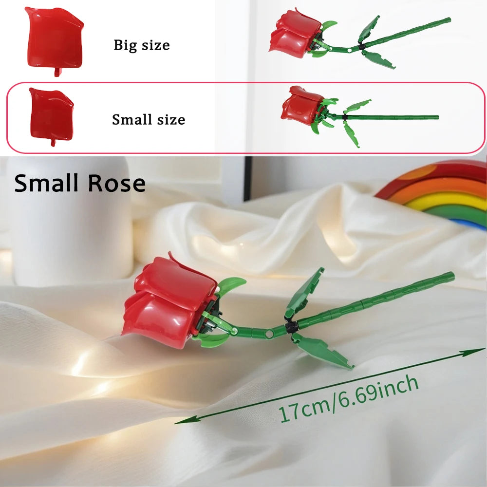 A small red rose flower made from building blocks, shown next to a big size version.