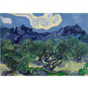 A painting depicting a landscape with rolling hills, dark mountains, and a bright sky featuring swirling clouds.