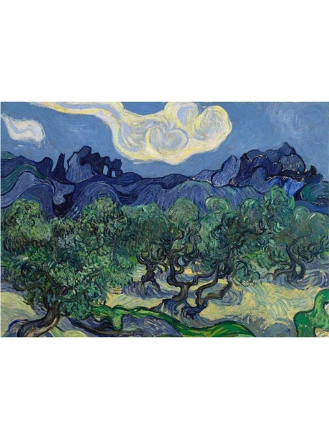 A painting depicting a landscape with rolling hills, dark mountains, and a bright sky featuring swirling clouds.