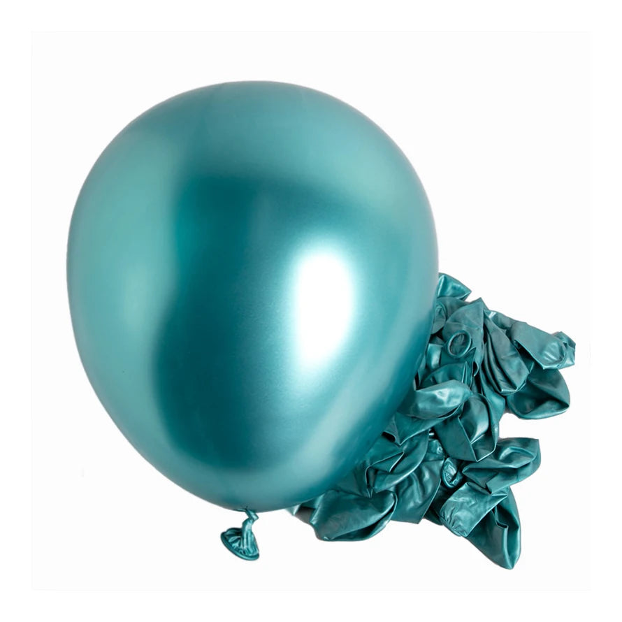 A single, shiny teal latex balloon is shown next to a bunch of crumpled teal balloons for party decor.