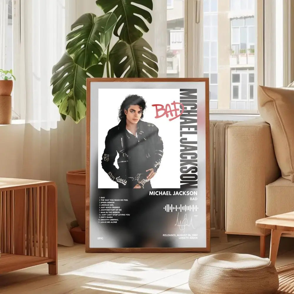 Canvas art print featuring a black and white portrait of Michael Jackson with the text BAD JACKSON