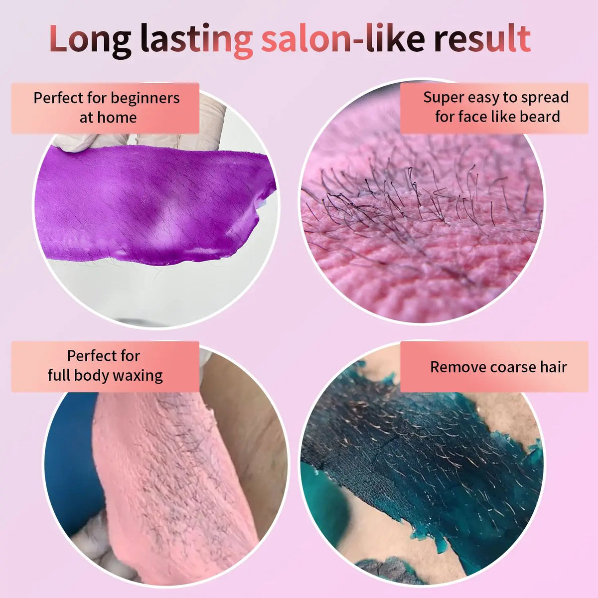 A purple wax strip is shown next to a close-up of facial hair and a dark blue wax strip used for body hair removal.