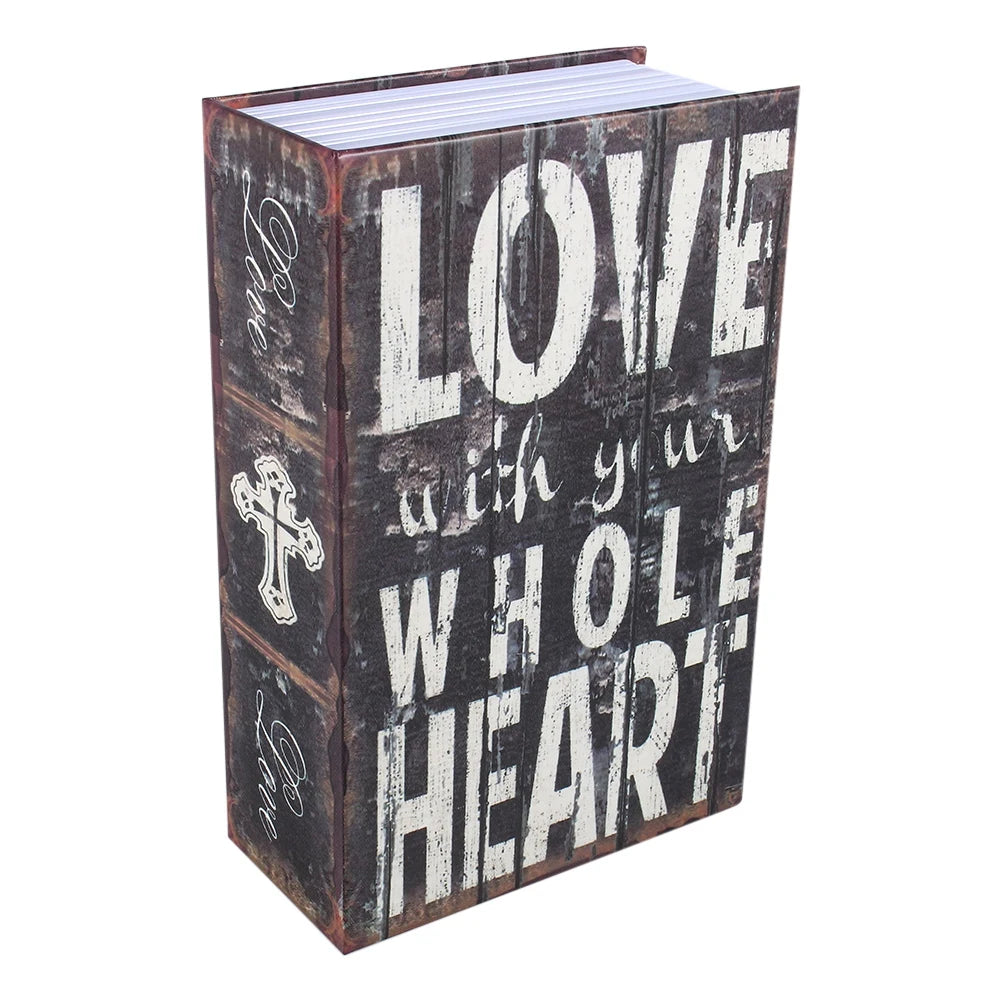 A dark wooden box with white text that reads LOVE with your WHOLE HEART on the front.