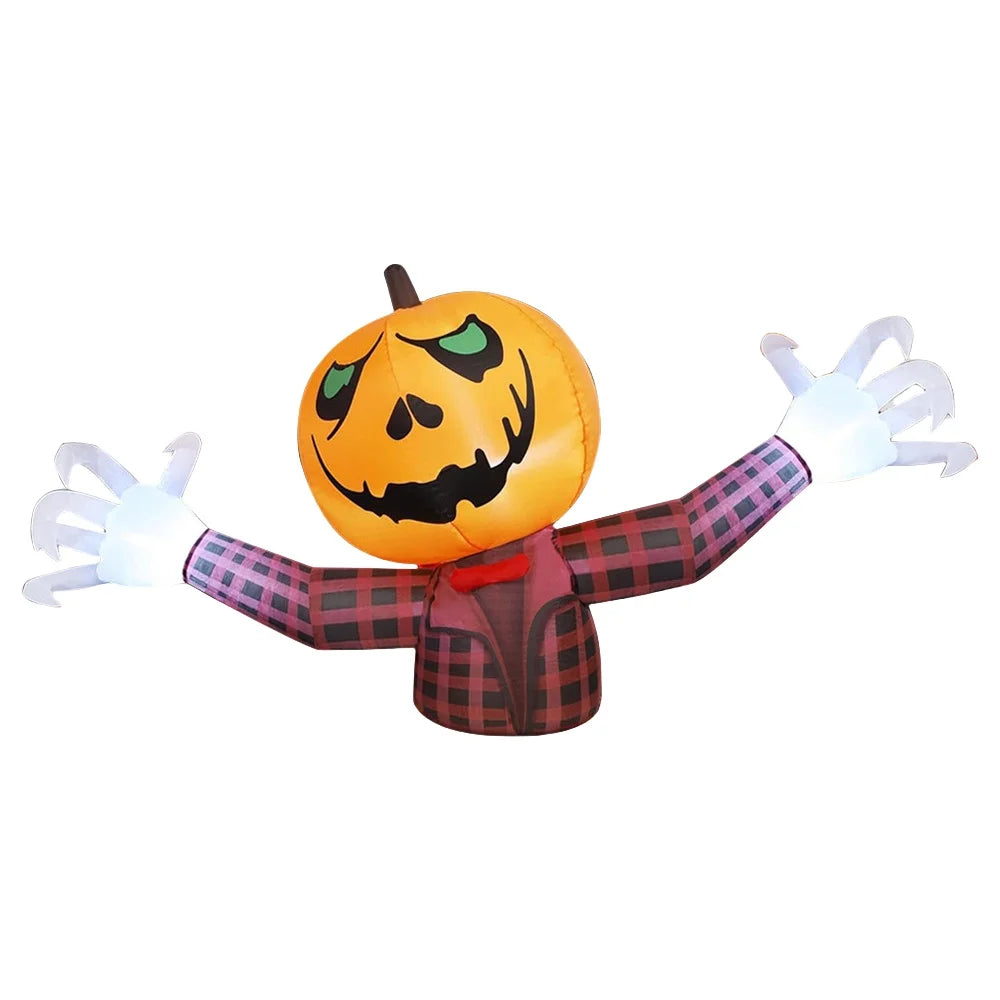 Inflatable Halloween pumpkin decoration with a carved face and a plaid shirt costume.