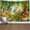 Bohemian Mandala tapestry wall art featuring a vibrant, lush forest scene with green foliage and colorful flowers.