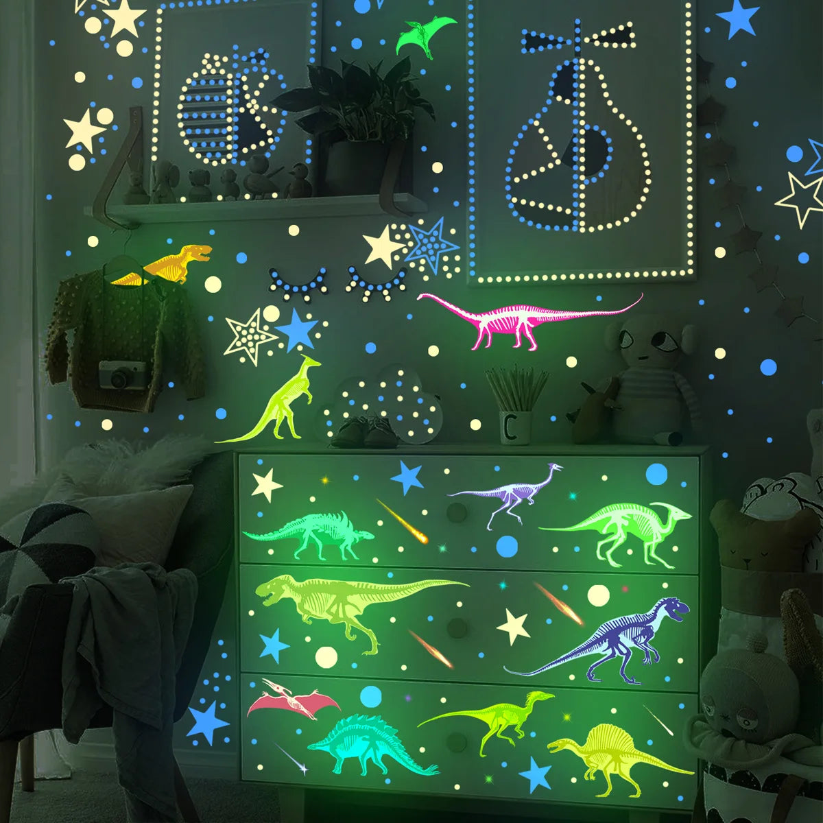 A display of glow-in-the-dark dinosaur stickers on a green wall, featuring various dinosaur silhouettes and plants.