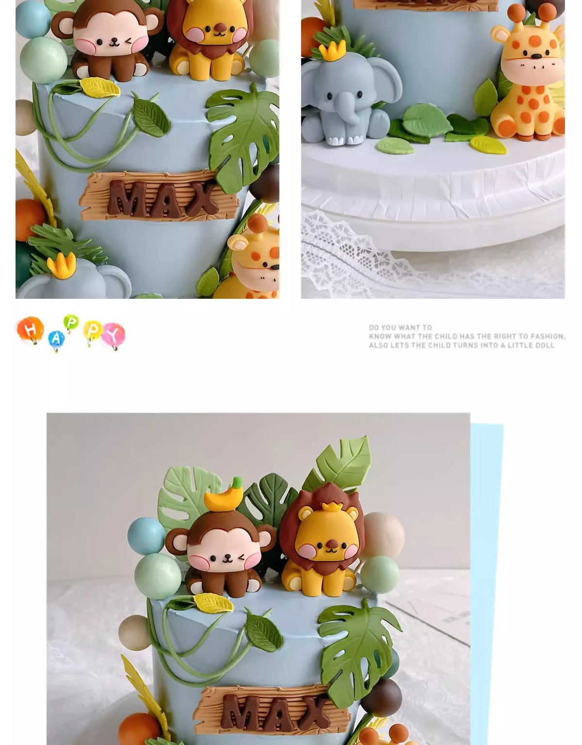 A tiered cake decorated with jungle animal toppers including a monkey, elephant, and lion.