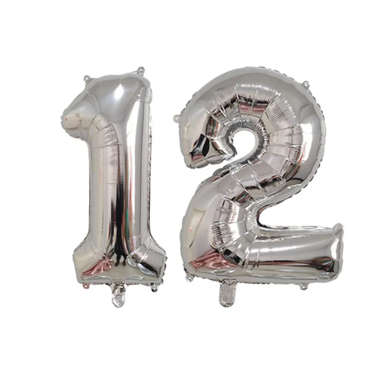 Silver foil number balloons 1 and 2 for birthday party decor