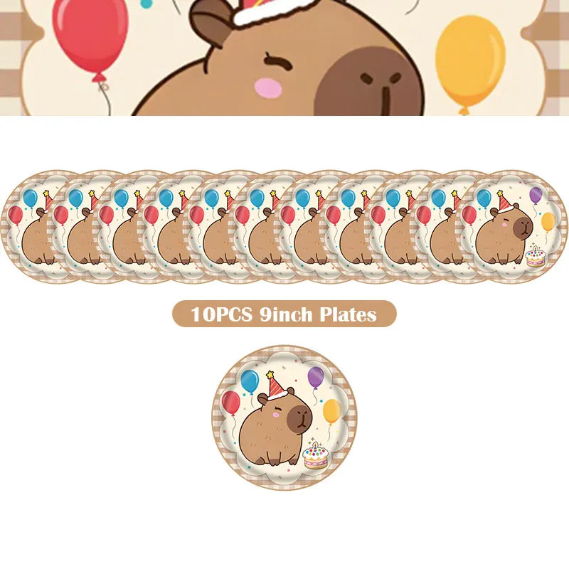 A set of ten round plates featuring cute capybara characters for a birthday party decoration kit.