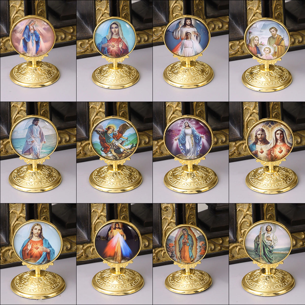 A collection of retro Catholic tabletop ornaments featuring various religious figures in gold-toned frames.