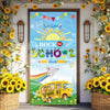 A colorful vinyl backdrop banner featuring a sunny scene with a yellow school bus and cheerful text for a back to school them