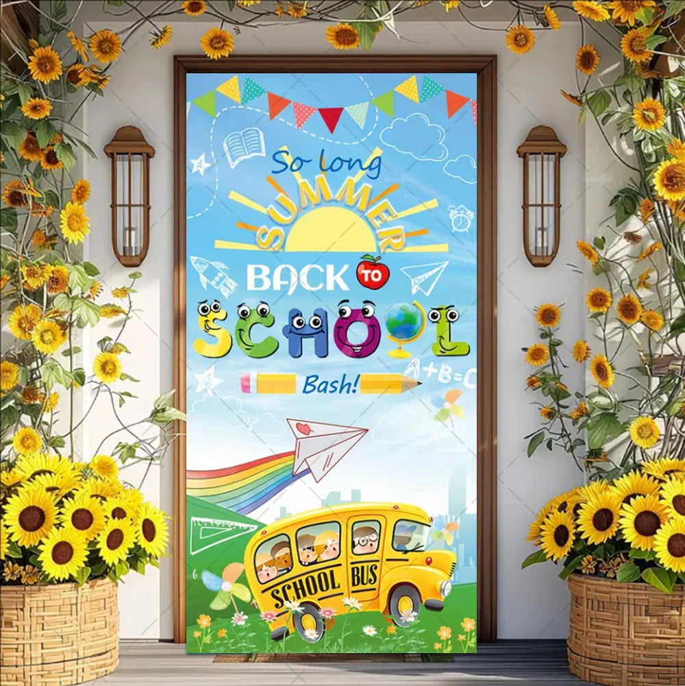 A colorful vinyl backdrop banner featuring a sunny scene with a yellow school bus and cheerful text for a back to school them