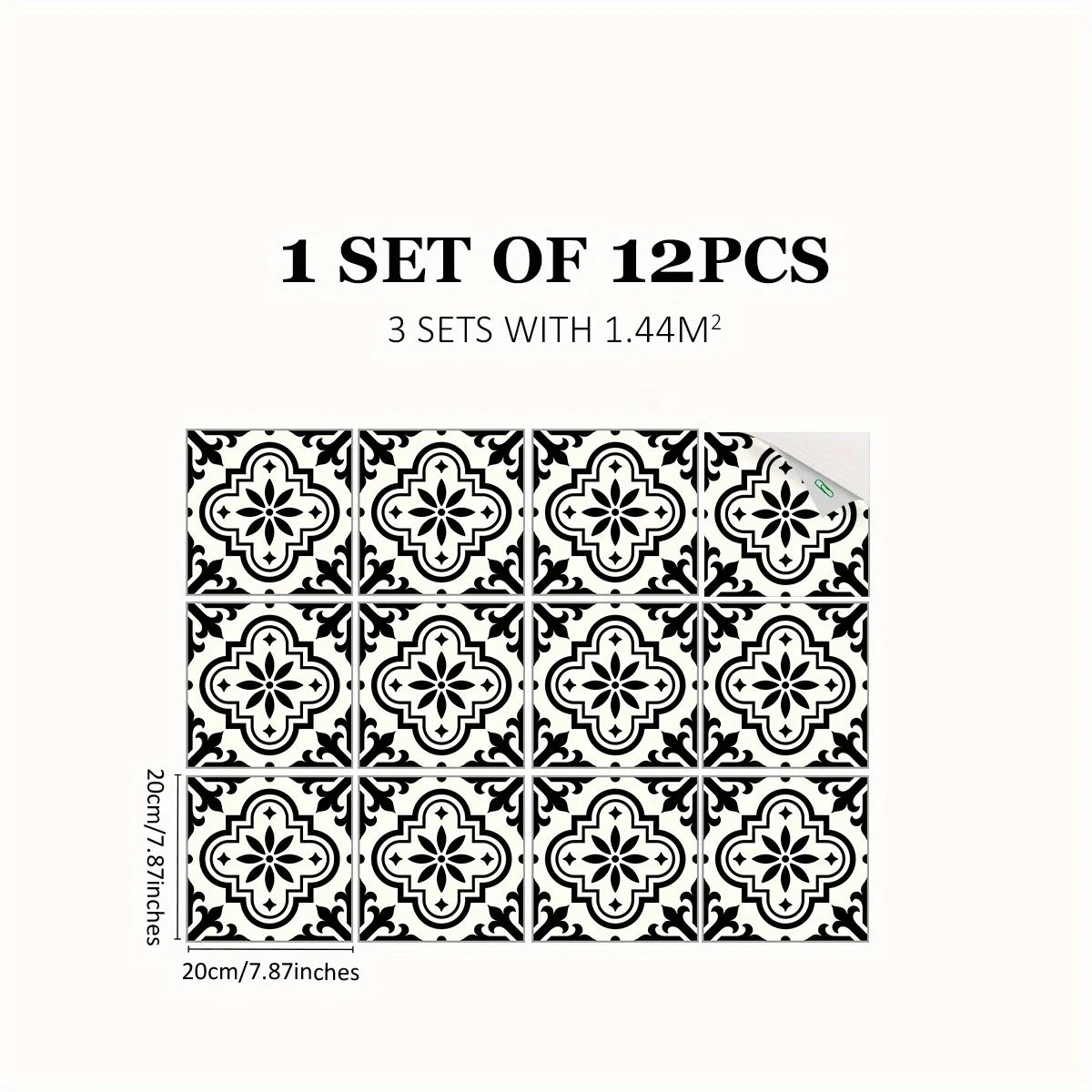 A set of 12 Moroccan pattern floor stickers featuring intricate black and white geometric designs.