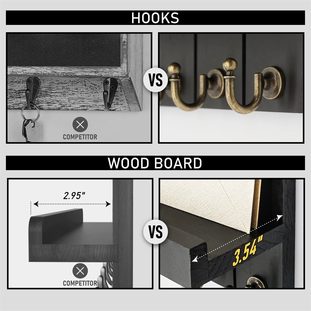 Comparison showing the hooks of this organizer versus a competitor, and the wood board thickness comparison.