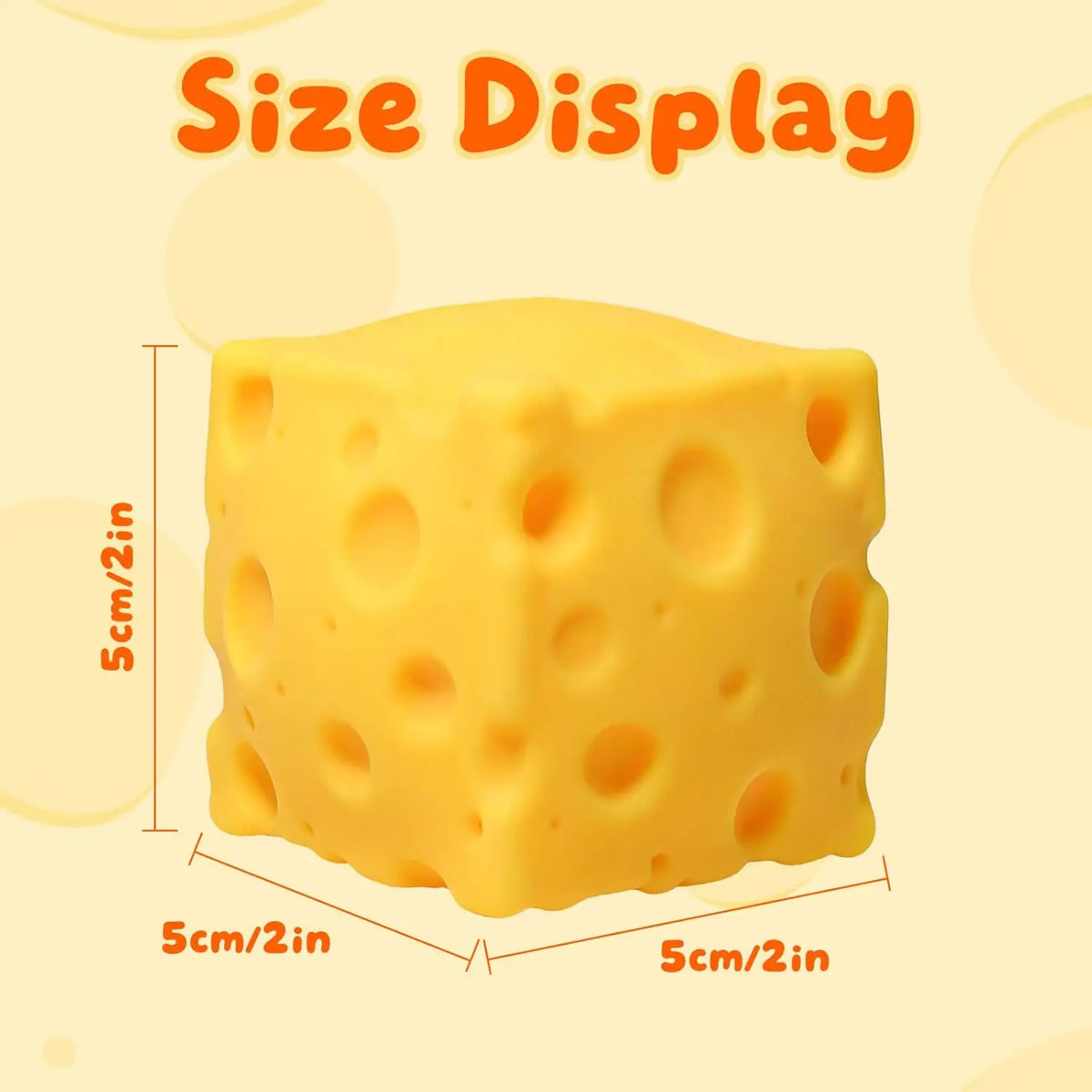 A yellow, cube-shaped cheese squishy toy displayed with size measurements.