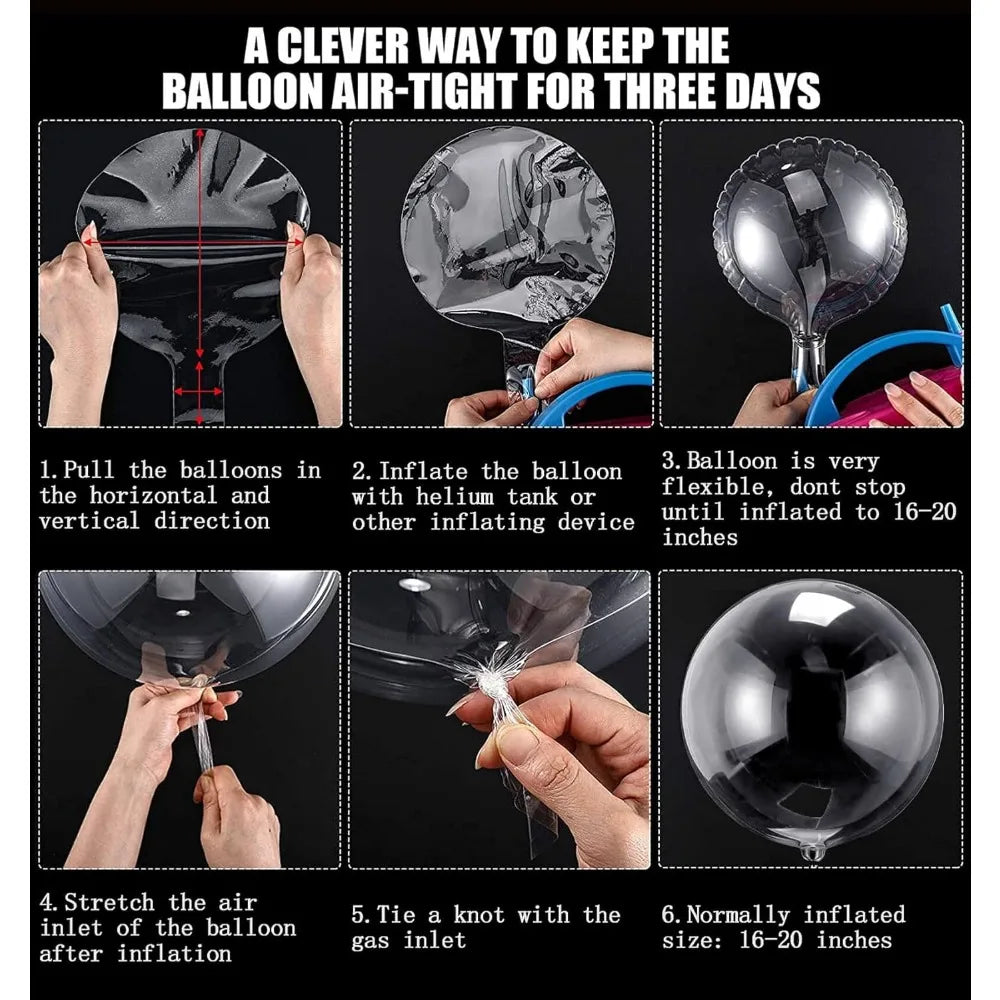 Instructions showing how to air-tightly seal and inflate a clear balloon for three days.