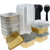 A set of reusable aluminum foil baking cups with lids and spoons, including clear plastic cups and gold-colored aluminum cups