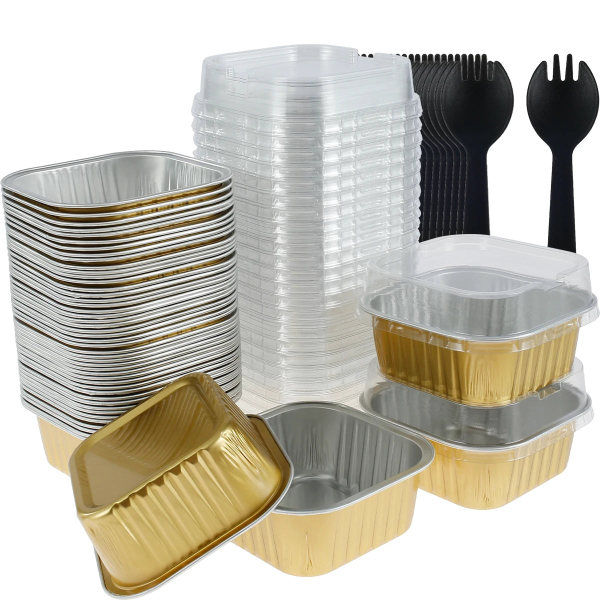 A set of reusable aluminum foil baking cups with lids and spoons, including clear plastic cups and gold-colored aluminum cups