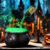 A dark cauldron emits green smoke and mist, with a bottle pouring liquid into it in a spooky Halloween setting.