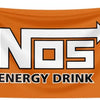 Orange banner flag featuring the white NOS Energy Drink logo with an arrow pointing right.