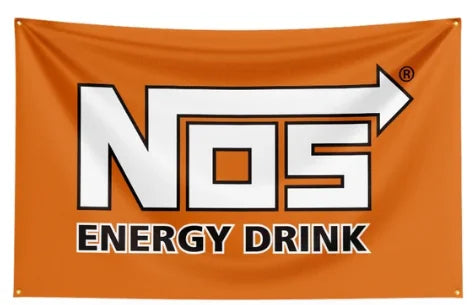 Orange banner flag featuring the white NOS Energy Drink logo with an arrow pointing right.