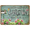 A vintage metal tin sign with the text Welcome to our Garden Grow With Love surrounded by flowers and butterflies.