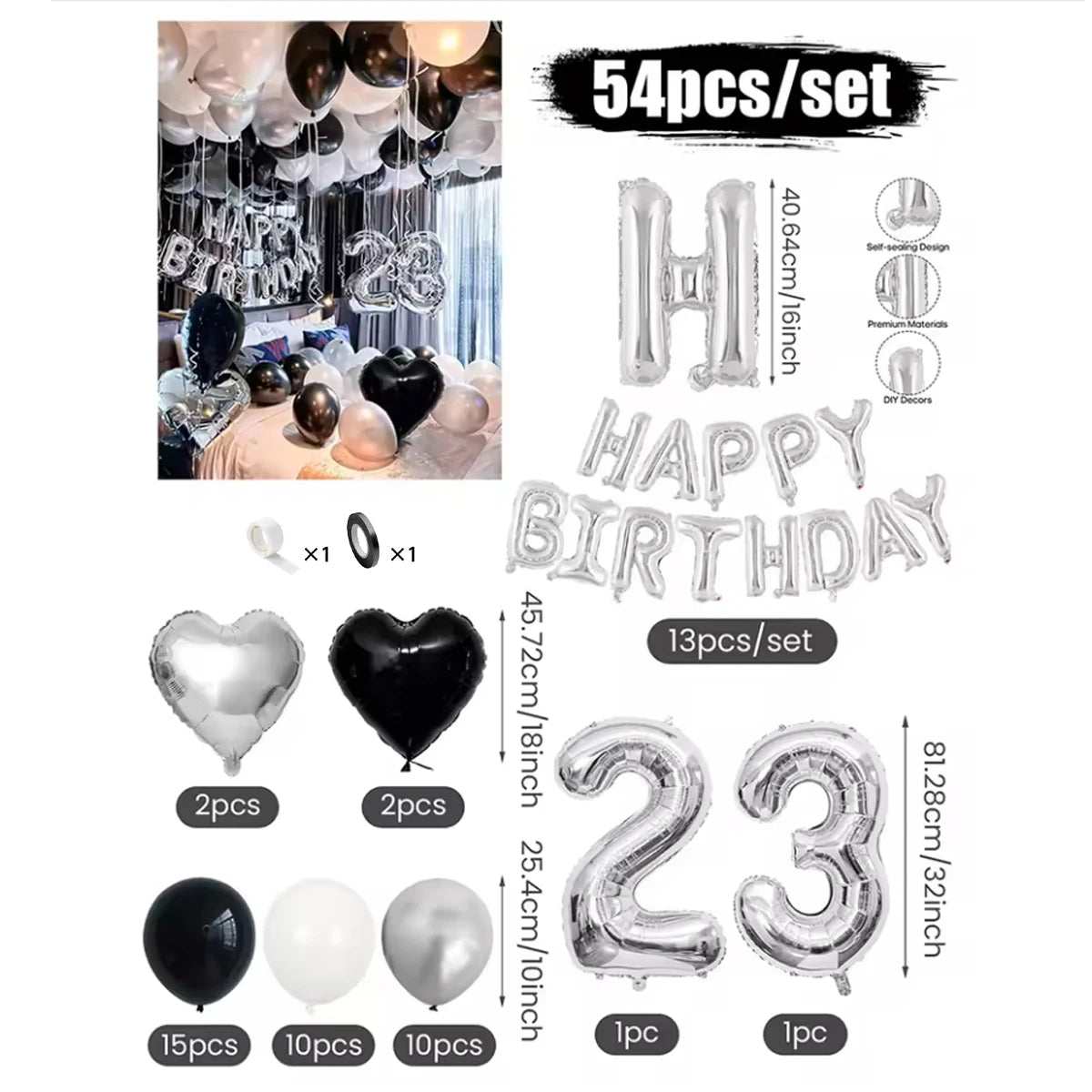 A set of black and white balloon party decor including a silver banner and large number balloons