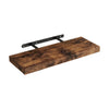 Rustic dark wood floating wall shelf with a black metal bracket.