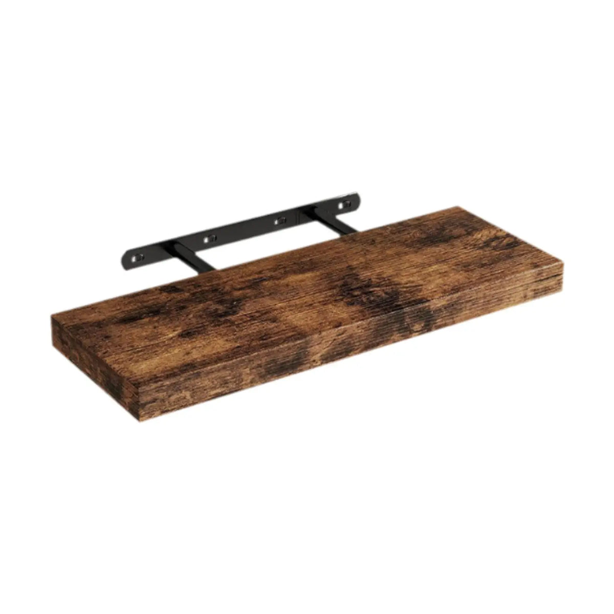 Rustic dark wood floating wall shelf with a black metal bracket.