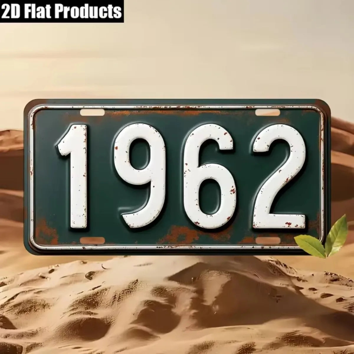 A vintage green aluminum license plate with the year 1962 set against a desert background.