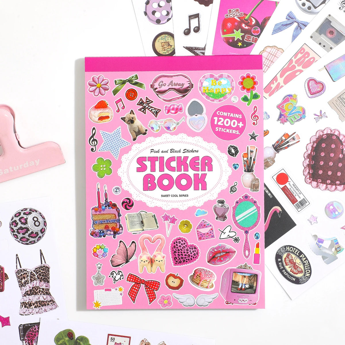 A pink sticker book featuring 1200+ Y2K and pink decorative stickers for crafting and journaling.