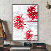A vertical print featuring red spider lily flowers with fine, wispy petals against a white background.
