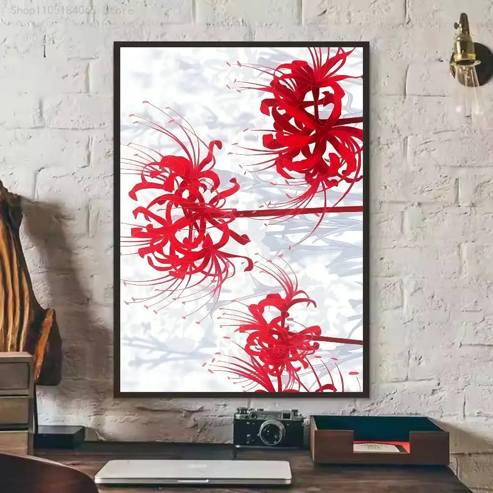 A vertical print featuring red spider lily flowers with fine, wispy petals against a white background.