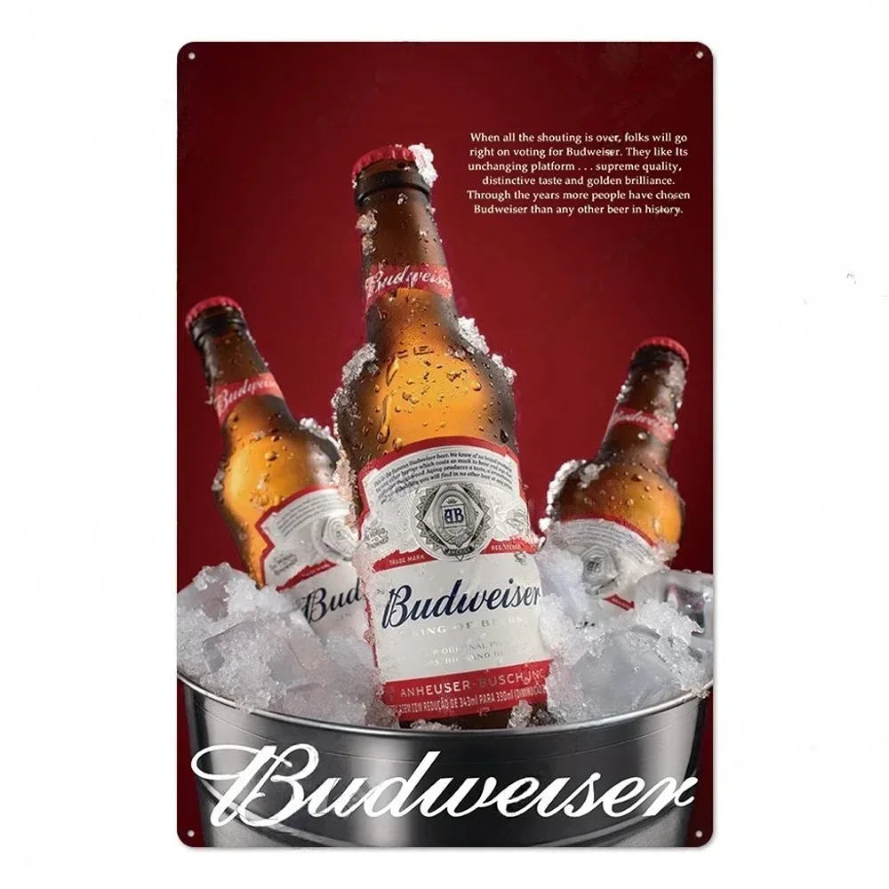 A metal sign featuring a bottle of Budweiser surrounded by ice and condensation.