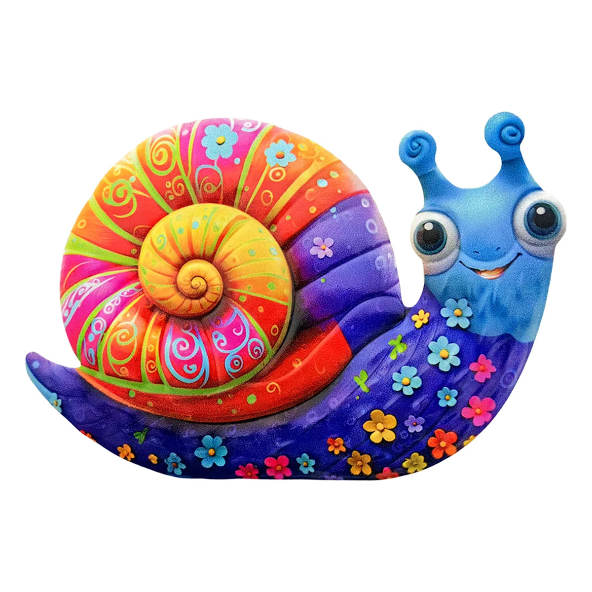 A vibrant, colorful metal snail sculpture with a spiral shell and blue body decorated with flowers.